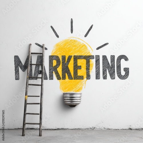Marketing Idea: A ladder leans against a wall with the word MARKETING written on it, next to a hand-drawn light bulb symbolizing a bright idea.