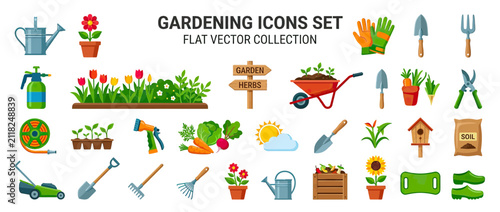 Принти на полотні Flat Vector Gardening Icons Set for Outdoor Activities