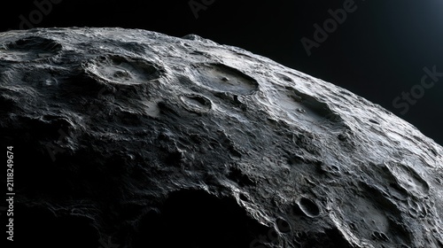 Detailed close up of a craters pocked asteroid surface against black space