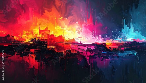 Abstract explosion of fire and light in dark space.