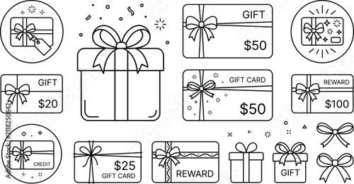 Obraz na plátně Gift voucher bonus card vector line icon set featuring dollar cash value reward