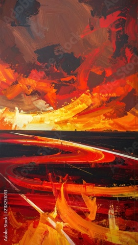 Abstract fiery oil painting with expressive red brushstrokes.