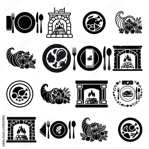 Rustic Thanksgiving Food Icons Set with Fireplace and Cornucopia Vector