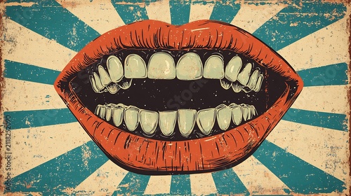 Vintage Style Illustration of a Wide Open Mouth with White Teeth and Bold Red Lips on a Sunburst Background