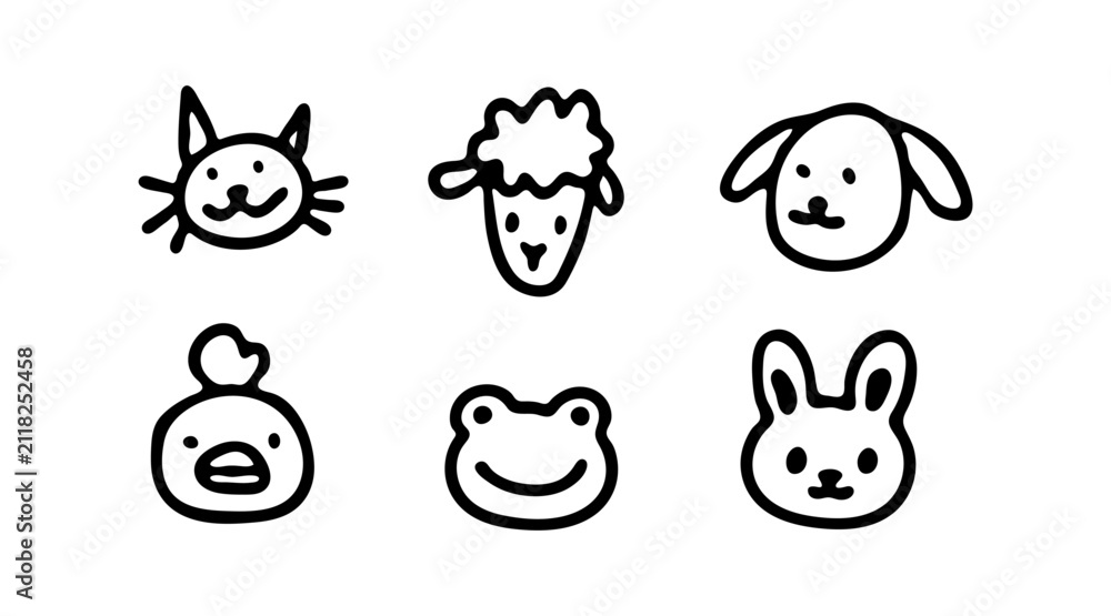 Fototapeta premium Animal Hand-drawn Faces! Cat, Sheep(Lamb), Dog, Chicken, Frog and Rabbit muzzle(snout). Kid-drawn style with pencil, pen or marker (Full Vector)