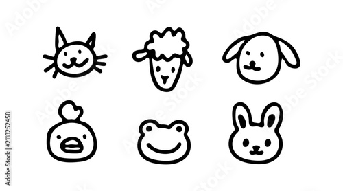 Animal Hand-drawn Faces! Cat, Sheep(Lamb), Dog, Chicken, Frog and Rabbit muzzle(snout). Kid-drawn style with pencil, pen or marker (Full Vector)