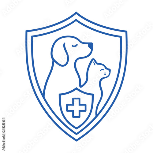 A blue line art shield emblem featuring a dog and cat with a medical cross symbol inside
