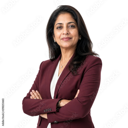 Successful Indian Businesswoman in Maroon Blazer Posing Confidently with Crossed Arms