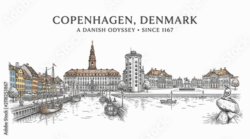 Copenhagen Denmark Skyline Sketch - Historic Waterfront Buildings and Boats