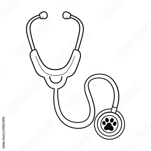 A veterinary stethoscope with a paw print emblem is depicted in a simple outline style