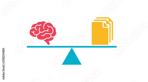 Brain and documents balanced on a scale illustrate the comparison between human intelligence and data.