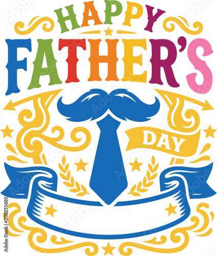 Colorful Father's Day greeting card design with mustache and tie illustration