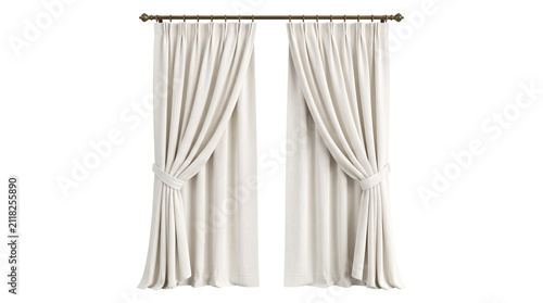 Elegant white curtains on bronze rod, luxury cream window drapes with tiebacks, minimalist fabric window treatment for interior design