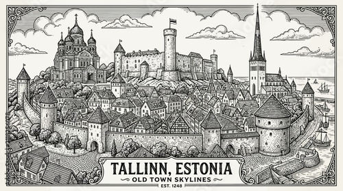 Tallinn Estonia Old Town Skyline Sketch - Medieval Architecture Panorama