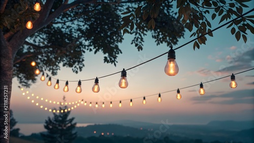String lights hanging outdoors at sunset. Decorative garden bulbs glowing in twilight.