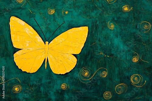Vibrant yellow butterfly on textured green background