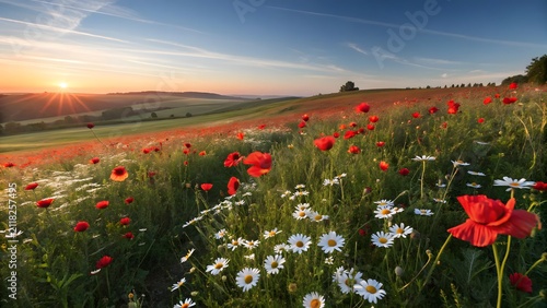 Poppy field at sunset. Vibrant meadow with red flowers and daisies in golden hour light.