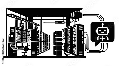 Data center server room icon with artificial intelligence chat bubble.