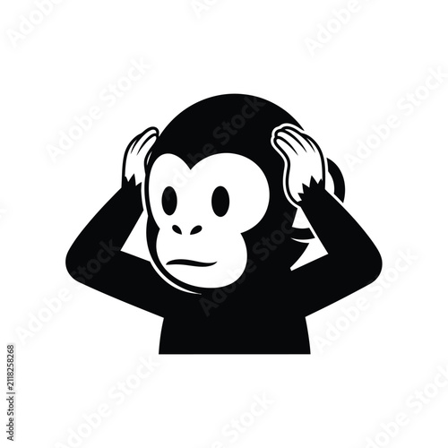 Photography Black and white illustration of a monkey covering its ears.