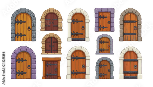 Medieval wooden doors collection with arched stone frames iron hinges and handles for castle dungeon or fantasy game vector elements