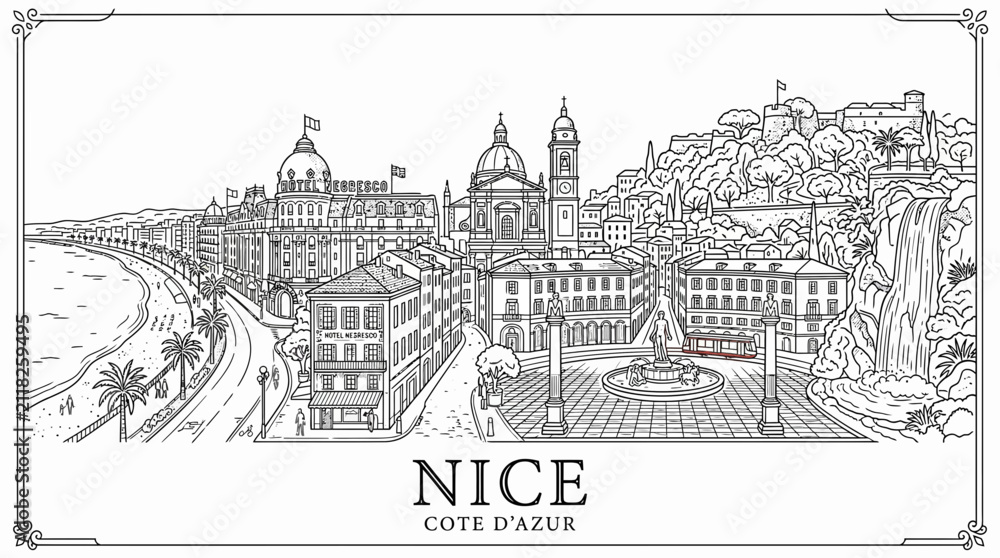 Obraz premium Nice Cote d'Azur Skyline Illustration - French Riviera Cityscape Drawing