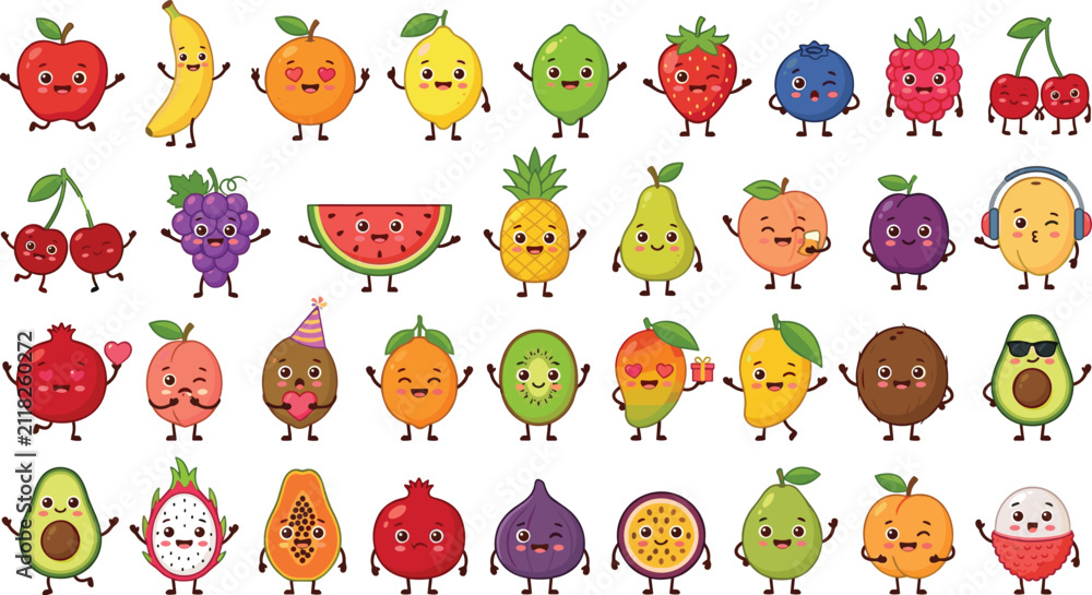 Obraz premium Cute Fruit Character Collection Set with Smiling Cartoon Fruits Including Apple Banana Berry and Tropical Food Illustrations
