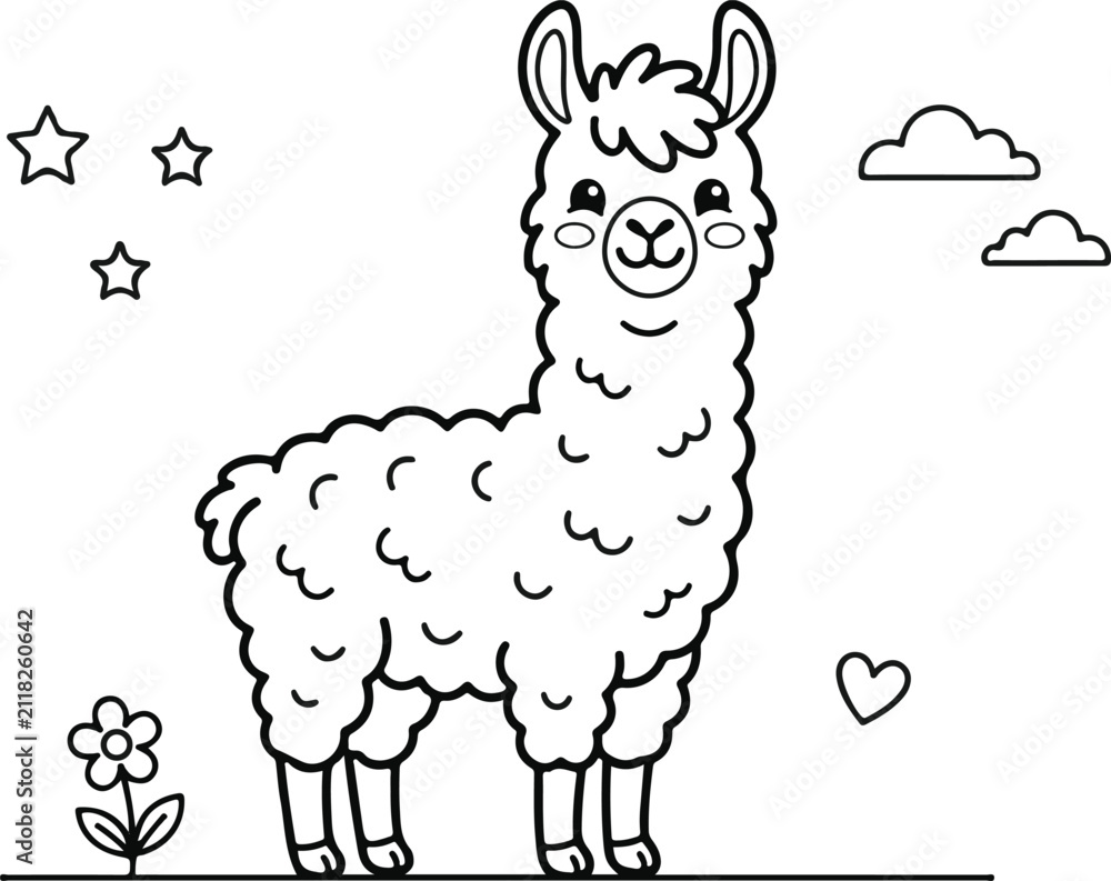 Obraz premium Cute cartoon llama standing in a meadow with flowers, stars, and clouds, coloring page for kids