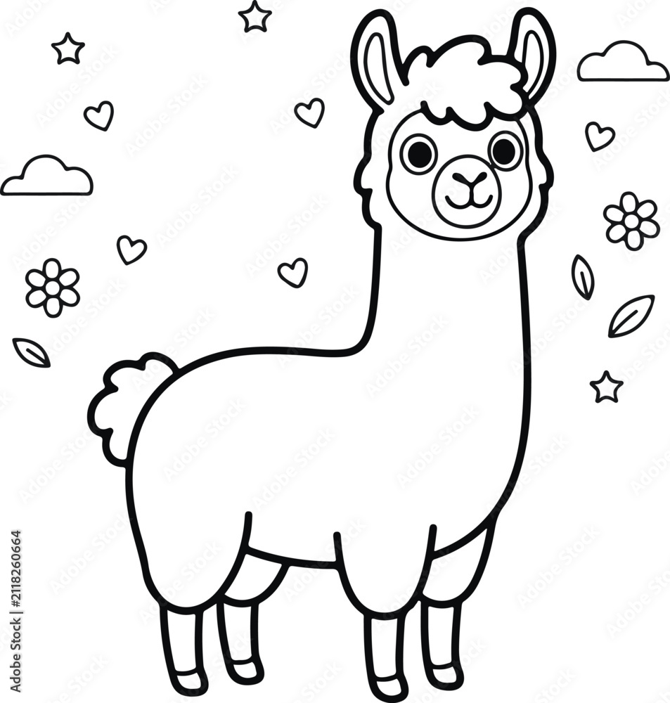 Obraz premium Cute cartoon llama with hearts, flowers, stars, and clouds, coloring page for kids