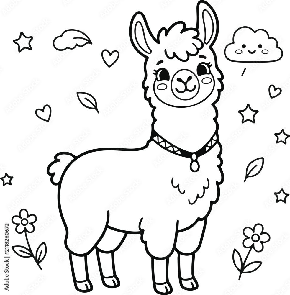 Obraz premium Cute cartoon llama with flowers, hearts, stars and clouds, coloring page for kids