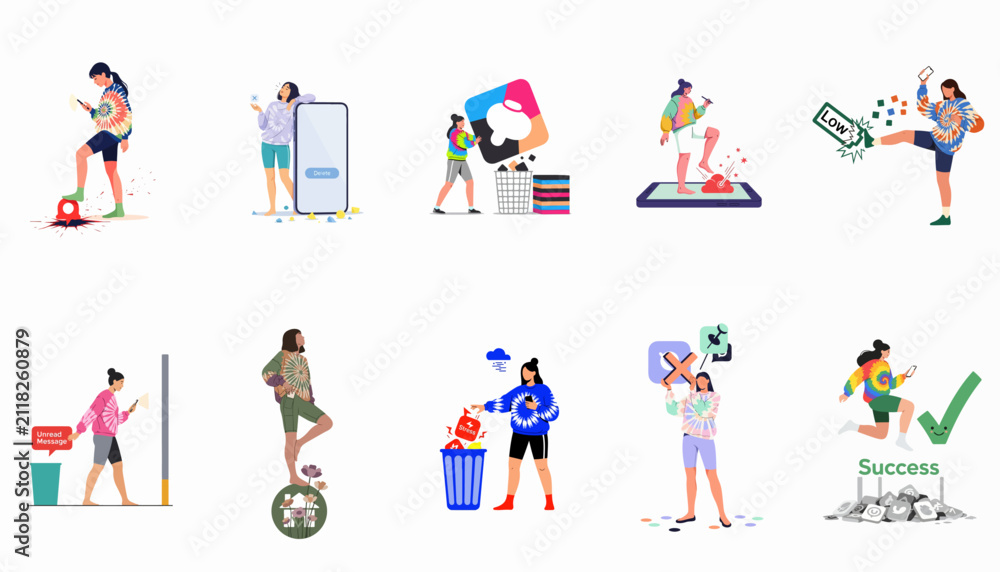 Fototapeta premium Set of illustrations depicting a young woman practicing digital detox, managing social media stress, deleting apps, and finding balance in a digital world.
