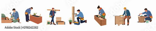 Konstfotografi Diverse group of male and female woodworkers and DIY enthusiasts building wooden garden planters and structures using various tools on white background