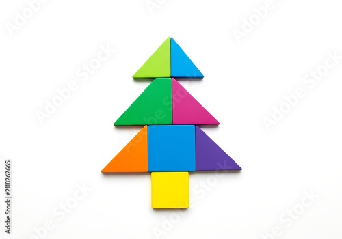 Colorful geometric shapes arranged to form a stylized tree