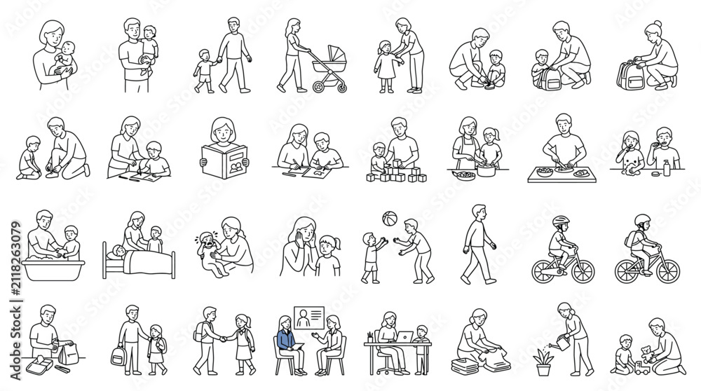Obraz premium Set of parenting and childhood activities, parents taking care of children, family daily routine, education, playing, and household chores, line art illustration