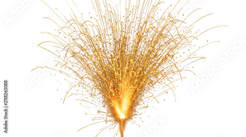 Golden firework fountain explosion on white background, sparkling gold pyrotechnic burst, festive glitter spray for celebration and holiday events