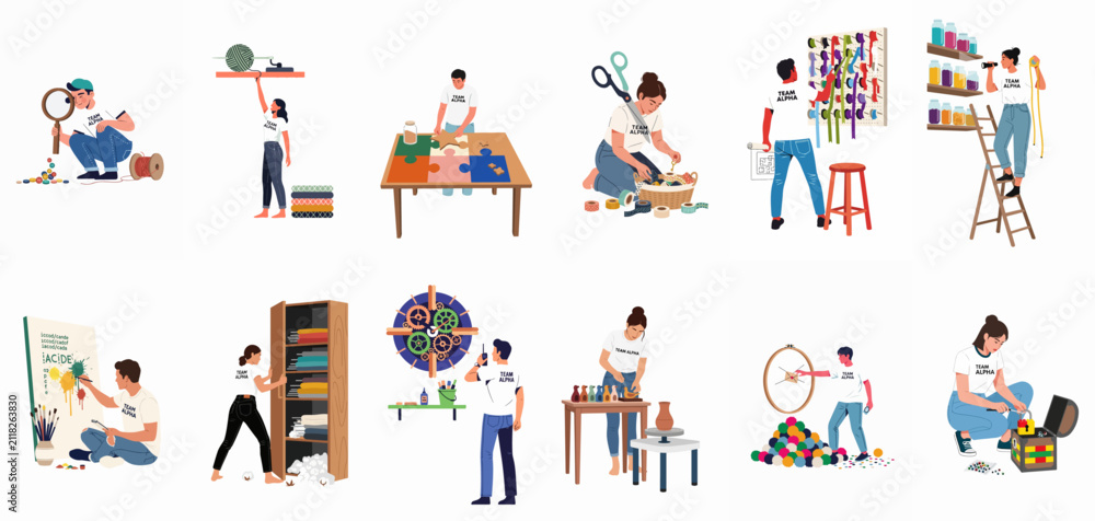 Fototapeta premium Diverse team of creative individuals engaged in various handmade crafts, artistic hobbies, and organizational tasks in a collection of flat illustrations.