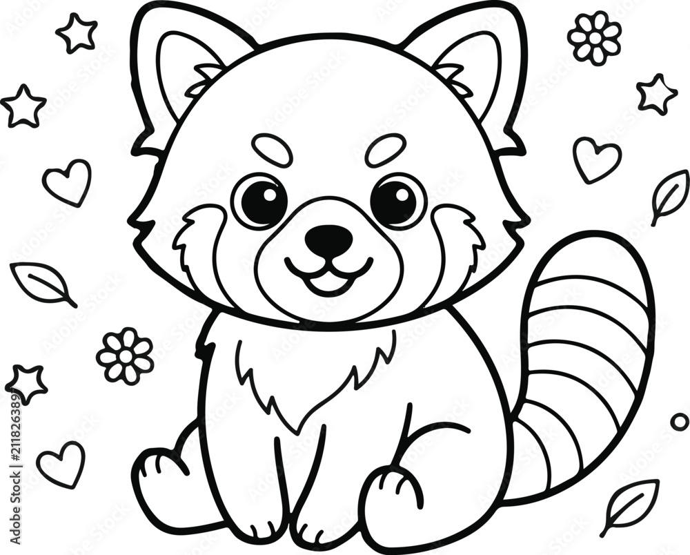 Fototapeta premium Cute red panda with fluffy chest, flowers, hearts, and stars