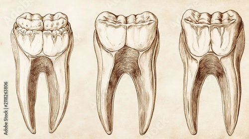 Vintage anatomical ink illustrations of three molar teeth showing roots and crowns on aged parchment paper background