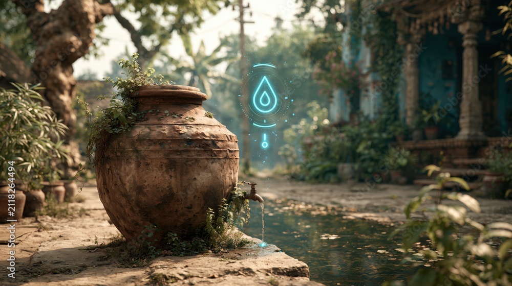 Obraz premium Ancient clay water jug emitting liquid in lush courtyard setting with ethereal water symbol