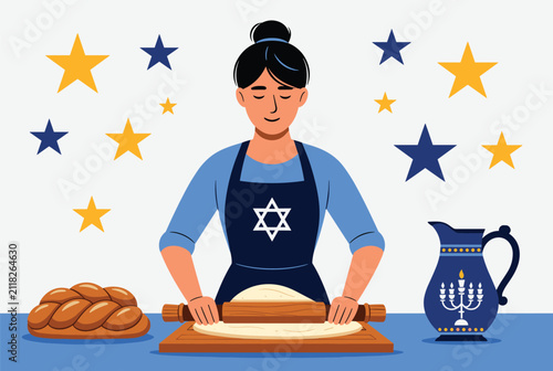 Jewish woman rolling out dough to bake traditional braided challah bread for holiday celebration in cozy kitchen.