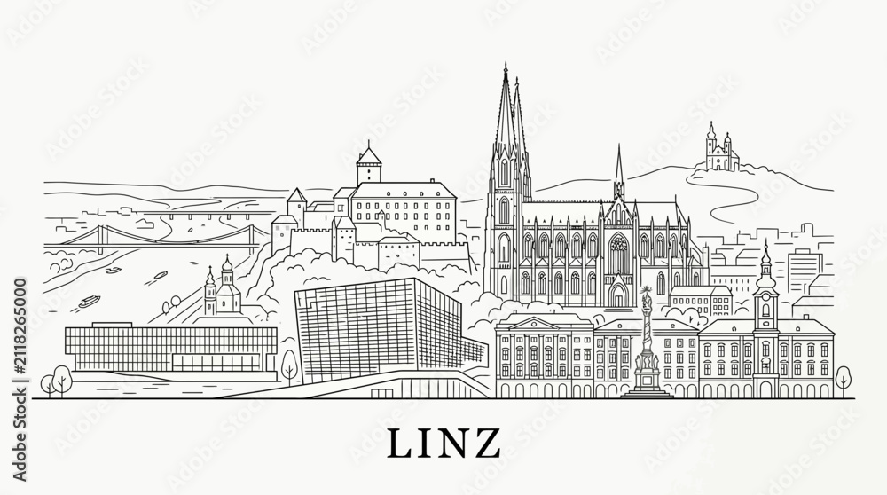 Fototapeta premium Linz Skyline Outline Drawing: Iconic Landmarks and Architecture in Austria