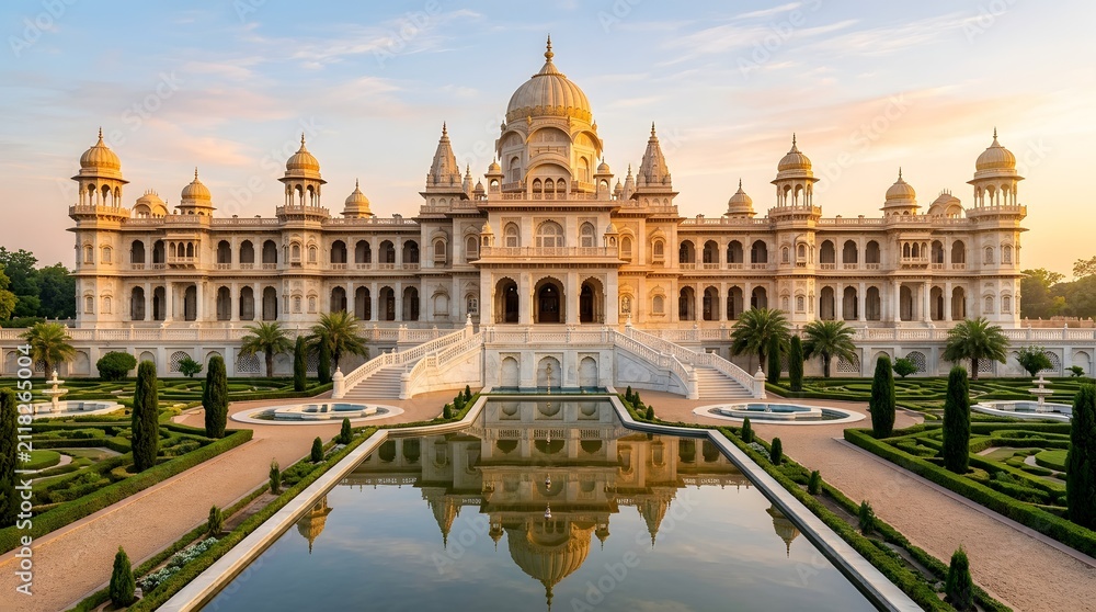 Fototapeta premium Grand ornate white palace with reflecting pool and gardens