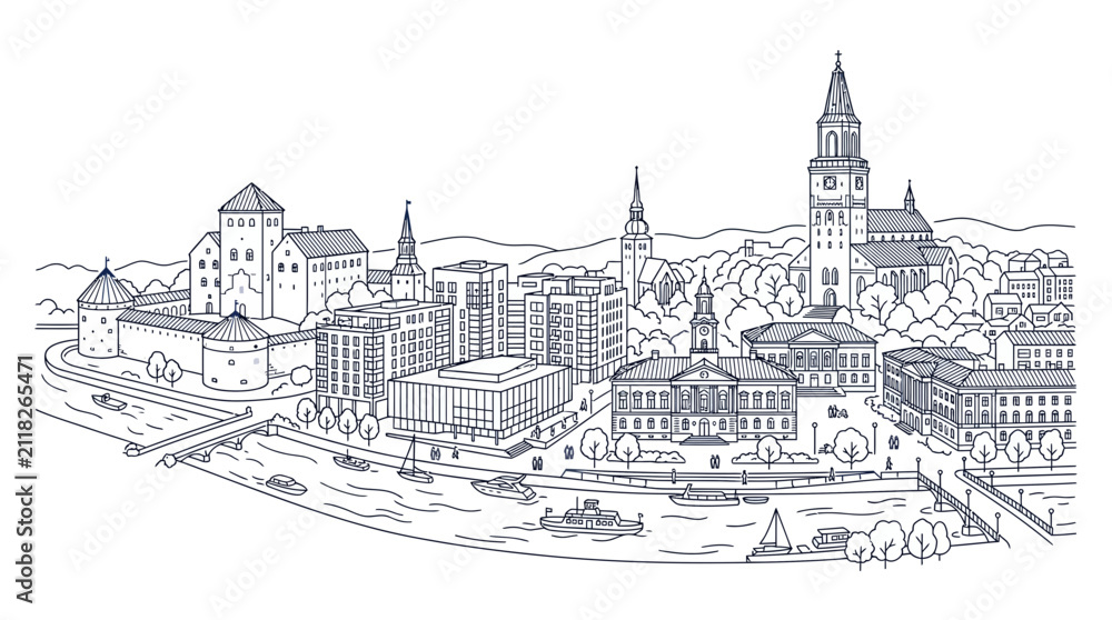 Obraz premium Panoramic Cityscape Illustration: Historic Castle, Modern Buildings, and River