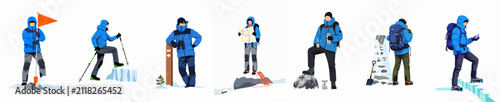 Foto Flat vector illustration set of mountain climbers and hikers in various poses and activities during a winter expedition on a white background