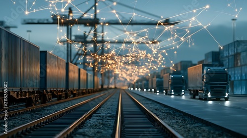 Enterprise blockchain logistics network visualized across intermodal cargo hub, smart cranes, freight rail, electric trucks and container shipping connected through luminous supply chain intelligence