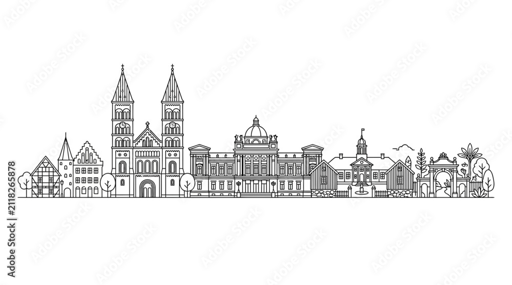 Fototapeta premium Minimalist Cityscape Outline Drawing: Historic Buildings and Skyline Illustration