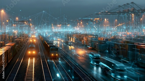 Massive smart container terminal powered by blockchain logistics platform, cargo trains arriving beside autonomous trucks,