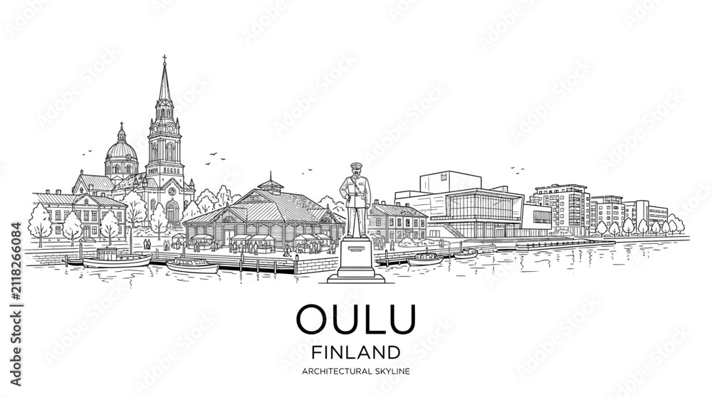 Fototapeta premium Oulu Finland Architectural Skyline Hand Drawn Sketch - Cityscape Landmark Illustration