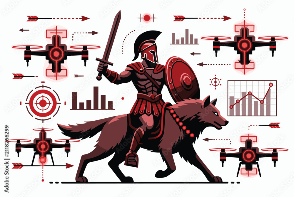 Fototapeta premium Ancient spartan warrior riding a giant wolf in a futuristic battlefield surrounded by military combat drones.