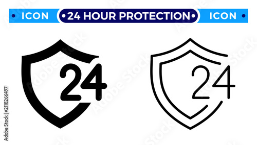 Obraz na plátně 24 Hour Protection Shield Icon Set in Solid and Outline Style, Round the Clock S