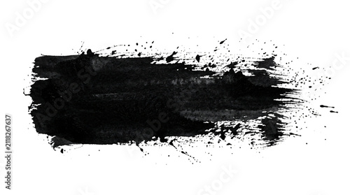 Grunge black ink brush stroke with splatter texture, hand painted acrylic paint smear on white background, artistic ink blot for graphic design